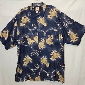Tommy Bahama Mens 100% Silk Hawaiian Pineapple Shirt Sz L Blue Loop Collar EUC
